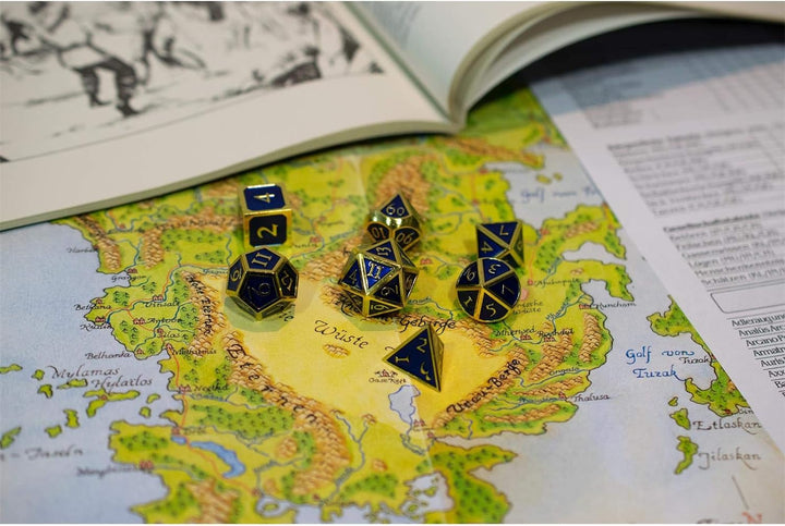shibby 7 polyedrische Metall-Würfel für Rollen- und Tabletopspiele in Steampunk Gold-blau-Optik inkl