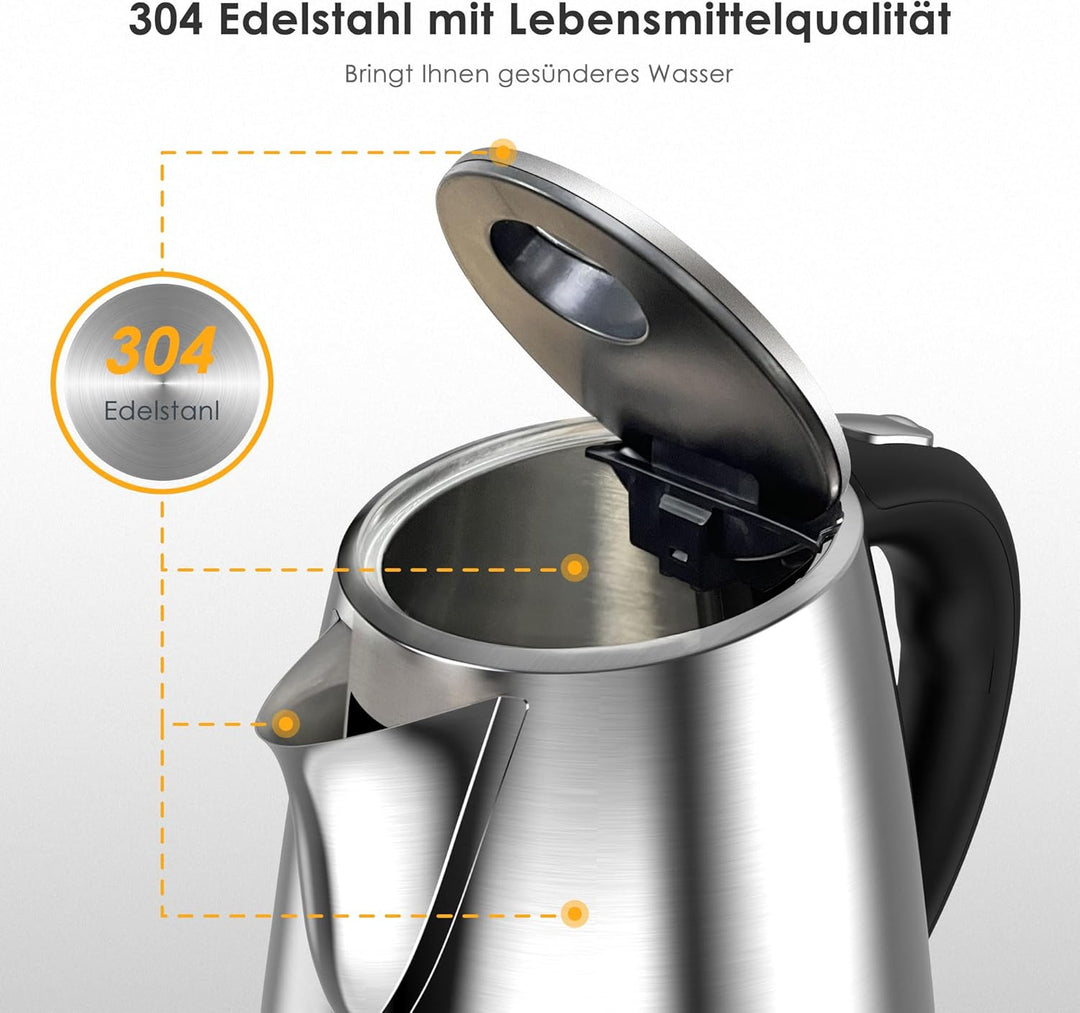 KitchenBoss Wasserkocher 1,7L Wasserkocher Edelstahl:Elektrischer Wasserkocher mit Kalkfilter, Wasse