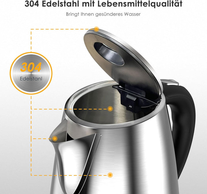 KitchenBoss Wasserkocher 1,7L Wasserkocher Edelstahl:Elektrischer Wasserkocher mit Kalkfilter, Wasse