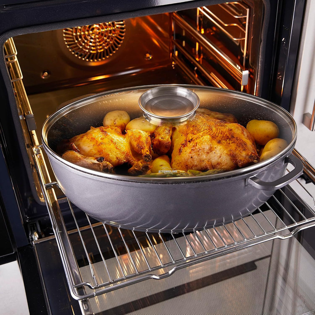 Stoneline Gourmet Bräter, oval, 38,8 x 26,3 cm, 8 L, mit Aroma-Glasdeckel zur dosierten Zugabe von F