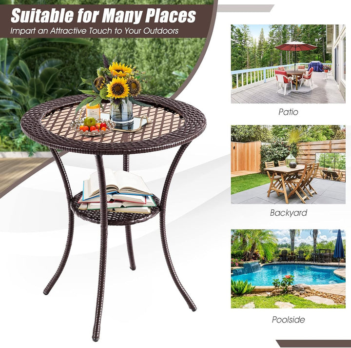 GIANTEX Rattan Bistrotisch Gartentisch, Balkontisch rund Couchtisch 2 Ebenen, Glastisch Terrassentis