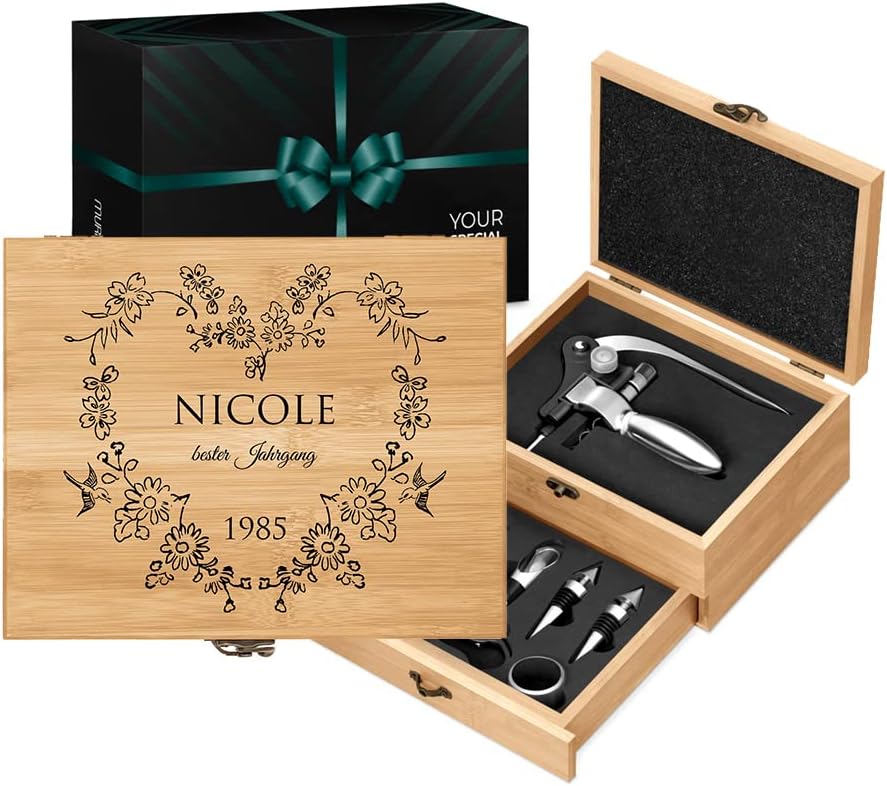 Maverton Weinöffner-Set personalisiert Weinset Sommelier Set - Geschenkbox Holzbox + 8er Weinzubehör