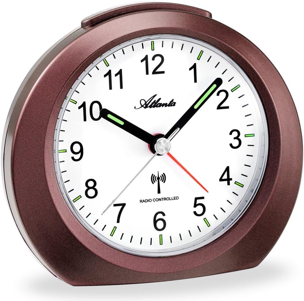 Funkwecker ohne Ticken mit Licht Snooze Leuchtzeiger Analog - 1856/3 (Braun), Braun