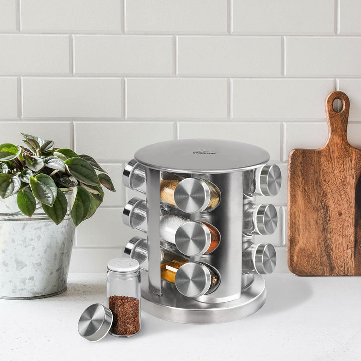 STONELINE Gewürzregal, Gewürzkarussell drehbar aus Edelstahl mit 12 Gewürzgläser, Gewürzregal stehen