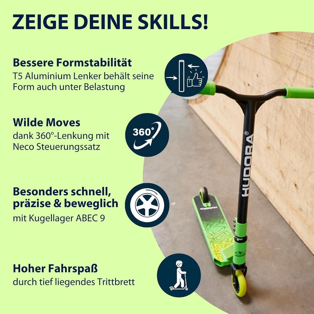 HUDORA Stuntscooter Kids - 360° Lenkung - Tretroller - ABEC 9 Kugellager - Robuster Funscooter, Kick