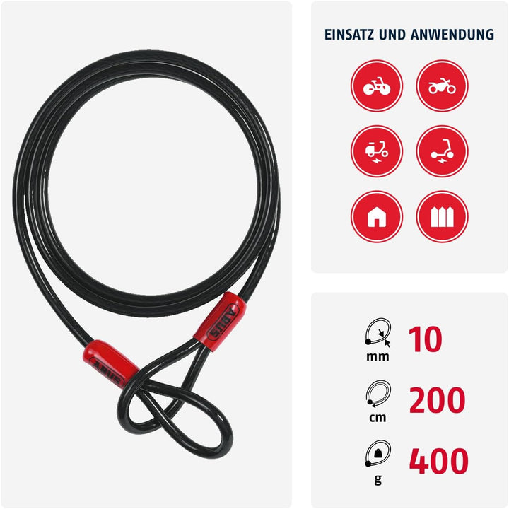 ABUS Schlaufenkabel Cobra 10/200 - Stahlseil mit Kunststoff ummantelt - 2 m lang, 10 mm stark - Sich