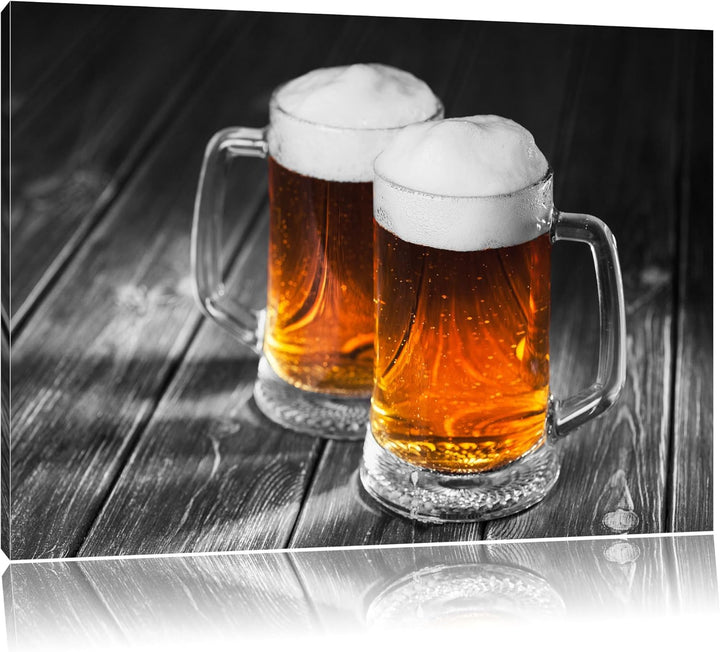 Pixxprint Zwei Masskrüge Bier als Leinwandbild/Grösse: 100x70 cm/Wandbild/Kunstdruck/fertig bespannt