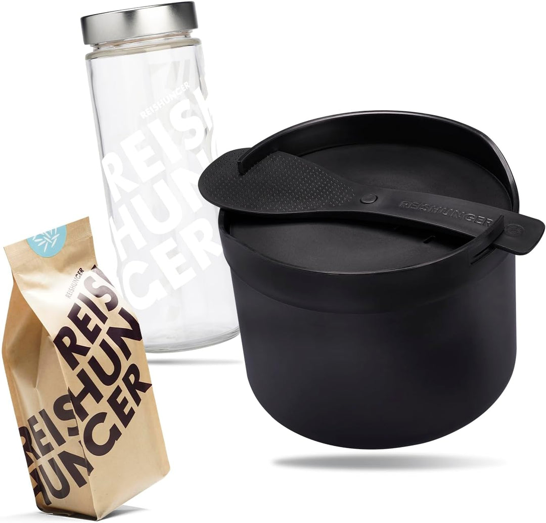 REISHUNGER Starter Set Mikrowellen Reiskocher (1,7 l) - schwarz - Für perfekt gegarten Reis in nur 1