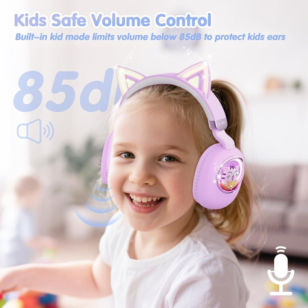 sunvito Bluetooth Kinder Kopfhörer mit Katzenohren & LED-Licht – Faltbare Over-Ear Kopfhörer, 85dB L