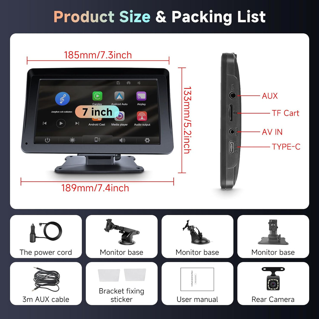 Carplay Bildschirm für Auto, 7 Zoll IPS Touchscreen Auto Display mit Wireless Carplay Android Auto,