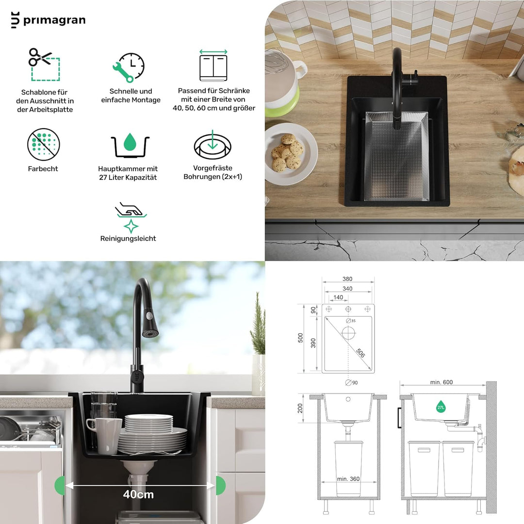 PRIMAGRAN Spülbecken Schwarz 38x50cm, Spülbecken 1 Becken + Küchenarmatur 40x20cm + Ablauf-Set, Küch