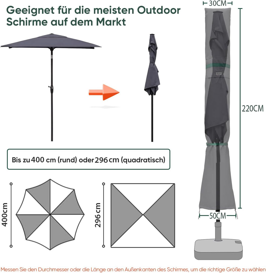 Sekey Sonnenschirm Schutzhülle mit Stab, Abdeckhauben für Ø 350cm / 200x300cm Gartenschirm mit Belüf