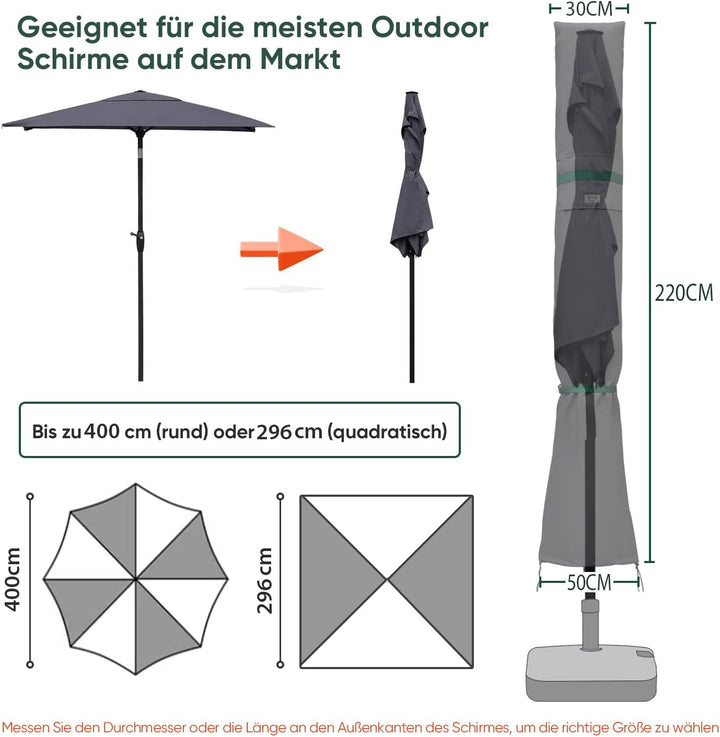 Sekey Sonnenschirm Schutzhülle mit Stab, Abdeckhauben für Ø 350cm / 200x300cm Gartenschirm mit Belüf