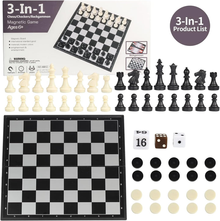 Andux Faltbares magnetisches DREI-in-einem-Brettspiel-Set, Schach, Backgammon, Dame CXYXQ-02 (L) L:3