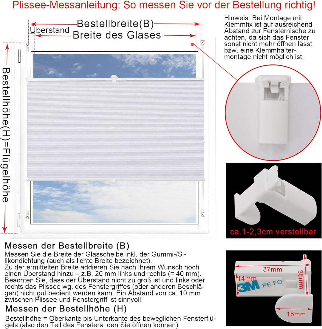 WOLTU Wabenplissee ohne Bohren Verdunklung Thermo Doppelplissee Klemmfix Zweifarbig 55x130cm Weiss-W