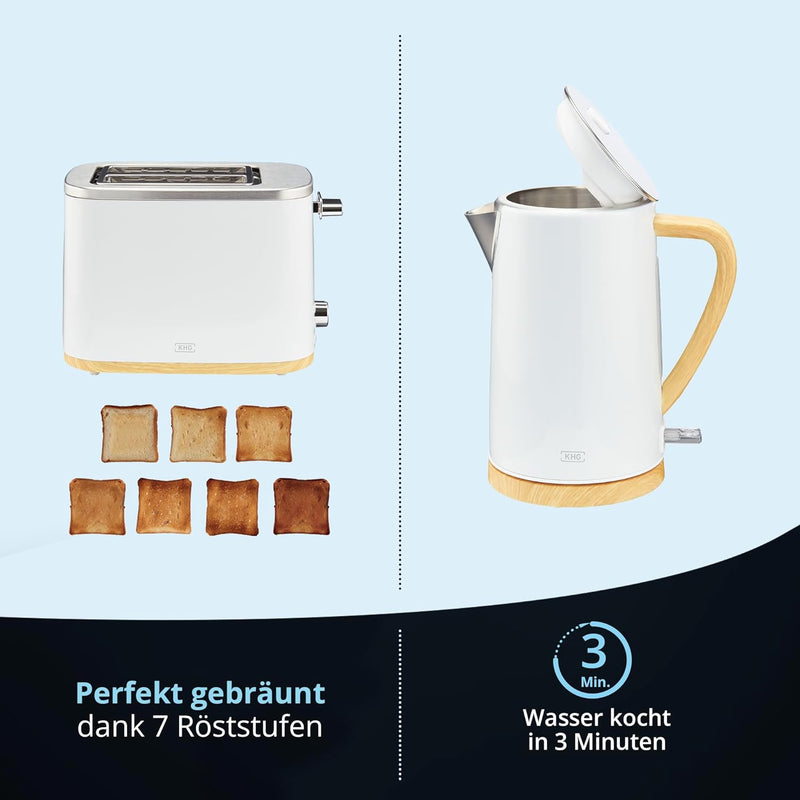 KHG Wasserkocher und Toaster Set 2-teilig | 2.200 & 800 Watt | Frühstücksset mit Kapazität 1,7 Liter