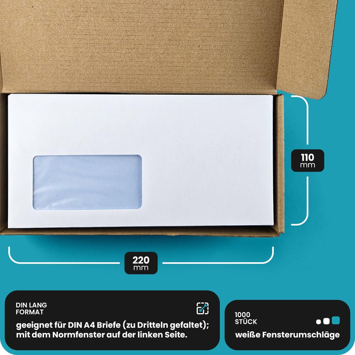 Netuno 1000x weisser Briefumschlag mit Fenster links DIN Lang 110 x 220 mm Geschäfts -Umschlag haftk