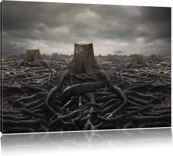 Gerodeter Wald, Format: 100x70 auf Leinwand, XXL riesige Bilder fertig gerahmt mit Keilrahmen, Kunst