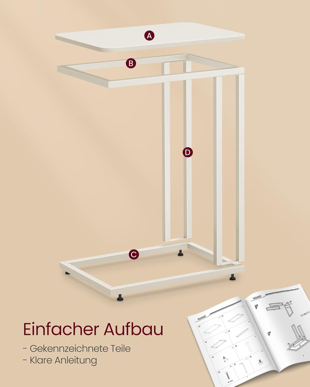 VASAGLE Beistelltisch, Sofatisch mit Rollen, C-Form, mobiler Kaffeetisch, 35 x 50 x 60 cm, Wohnzimme