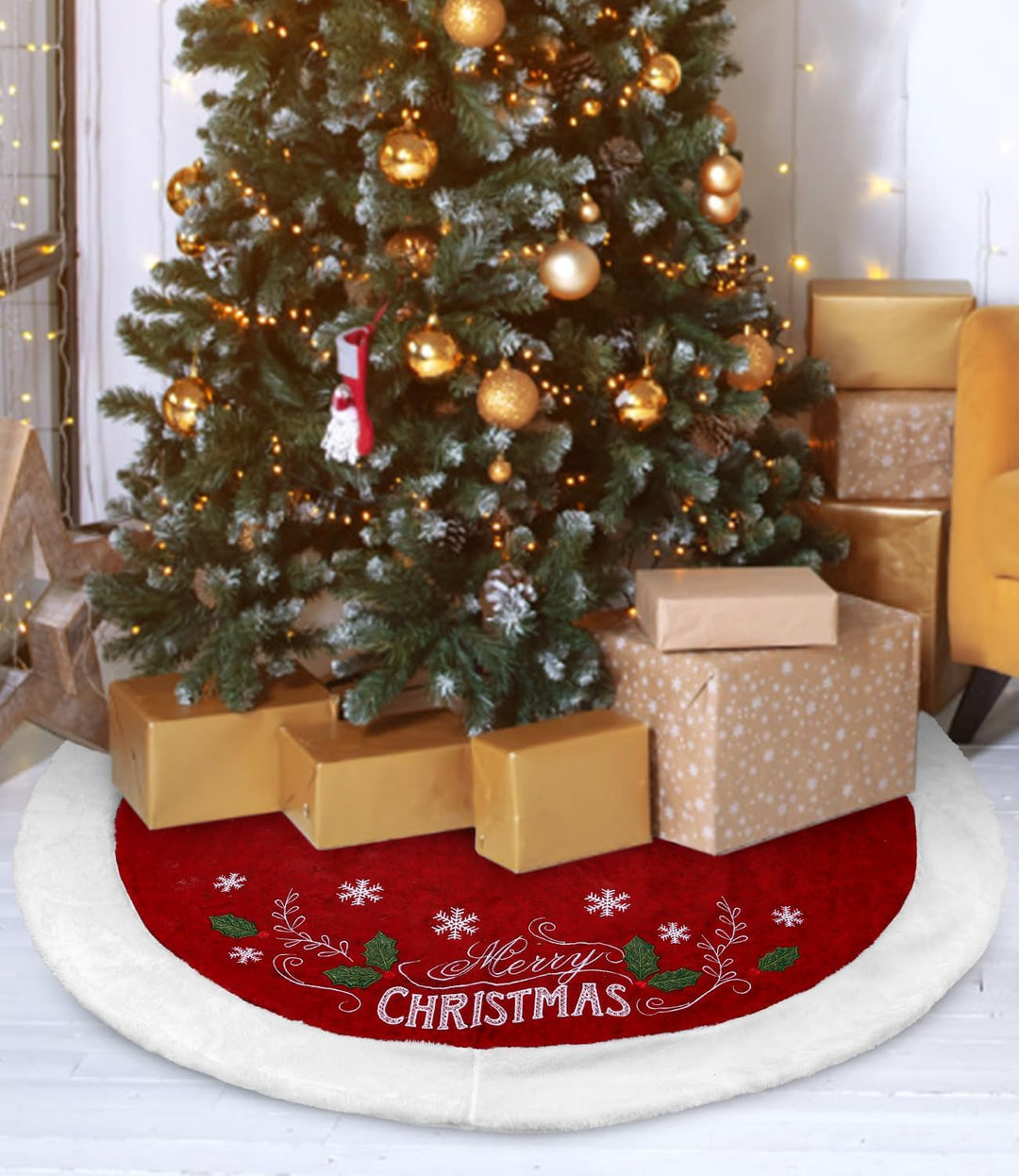 SOBEAU Weihnachtsbaum Rock,122CM Weihnachtsbaum Decke Runde mit Schneeflocken-Muster und Frohe Weihn