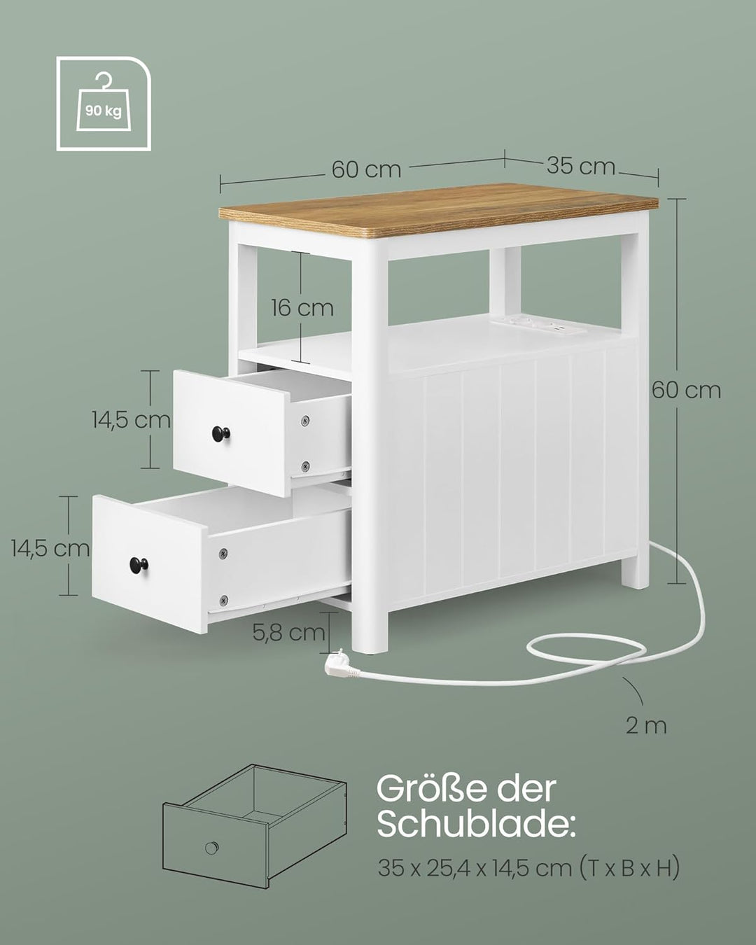 VASAGLE Beistelltisch, 2er Set, schmaler Nachttisch mit Steckdosenleiste, 2 Schubladen, Sofatisch, f