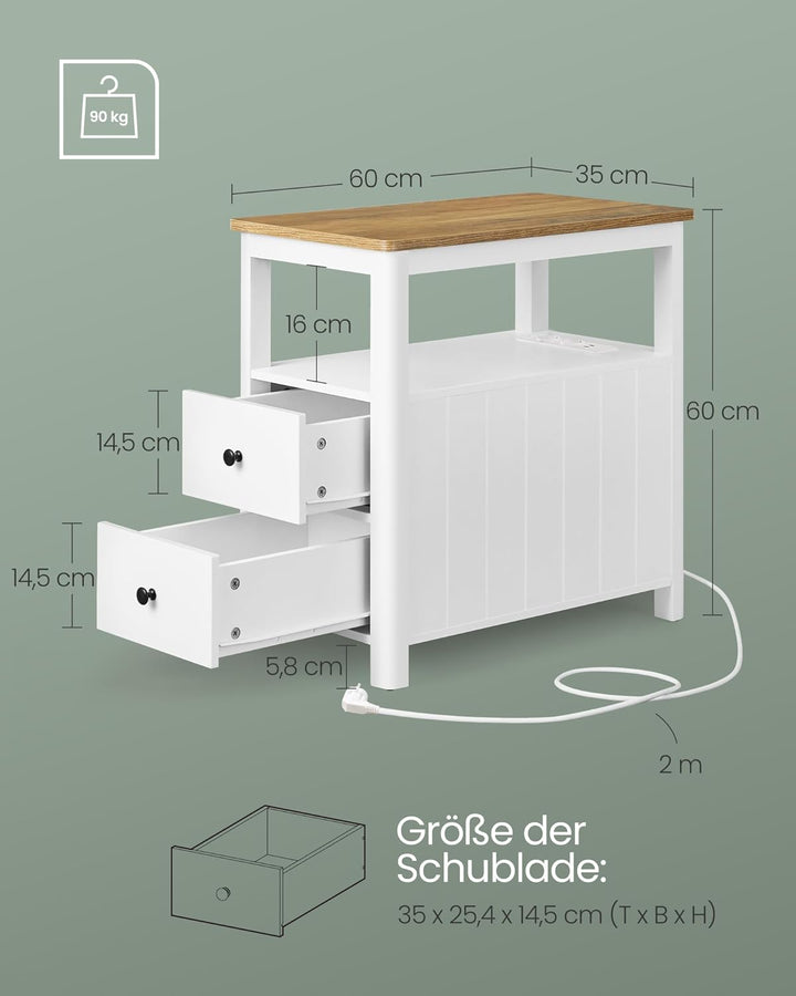 VASAGLE Beistelltisch, 2er Set, schmaler Nachttisch mit Steckdosenleiste, 2 Schubladen, Sofatisch, f