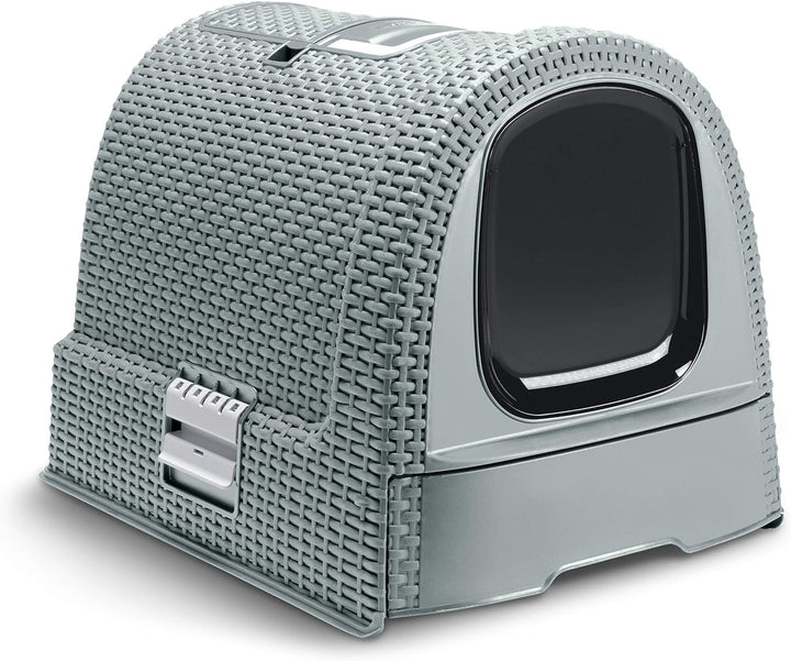 Curver petlife Katzentoilette mit Deckel, Katzenklo inklusive Schaufel, moderne Rattangeflecht-Optik