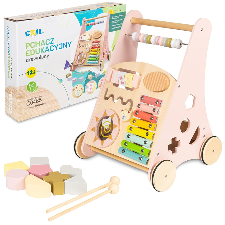 COIL Babywalker Lauflernwagen 3in1, Kinderwagen aus Holz, Lernspielzeug, ab 12 Monaten (Rosa), Rosa