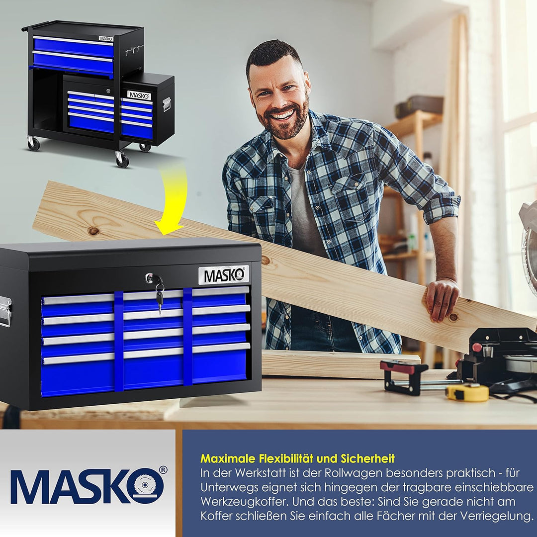 MASKOยฎ Werkstattwagen inkl. Koffer - 9 Fรคcher Abschliessbar | Massives Metall | Mobiler Werkzeug-Wag