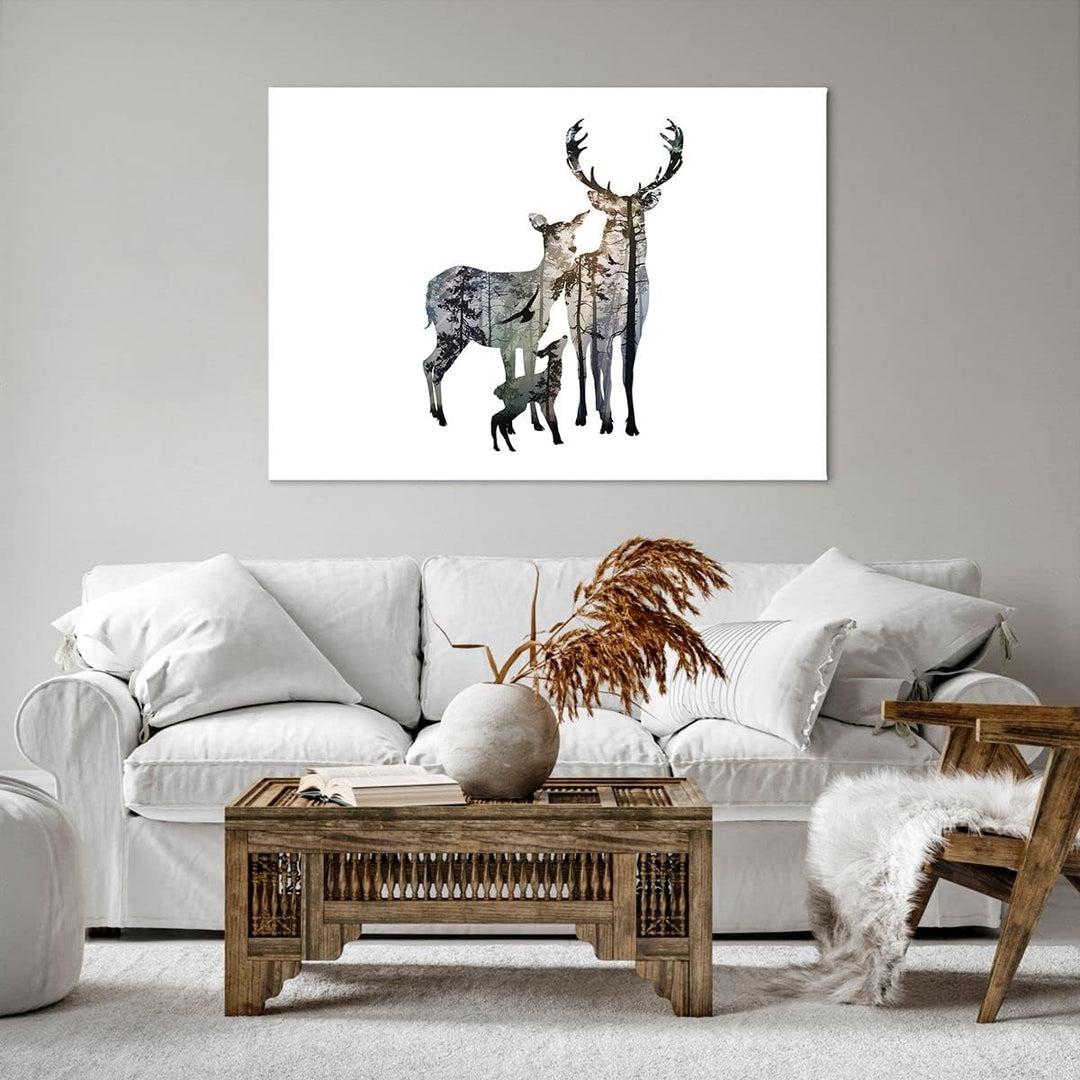 Bilder auf Leinwand 100x70cm Leinwandbild Deer Familie Wildheit Illustration Gross Wanddeko Bild Sch