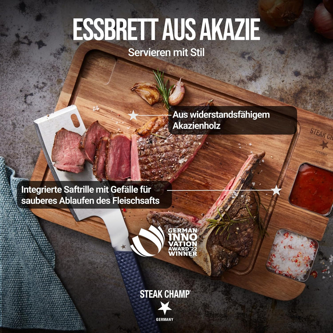 Steak Champ Premium Essbrett aus Akazie mit Sauciere: Servierbrett für Steak aus Holz ohne Gravur, o