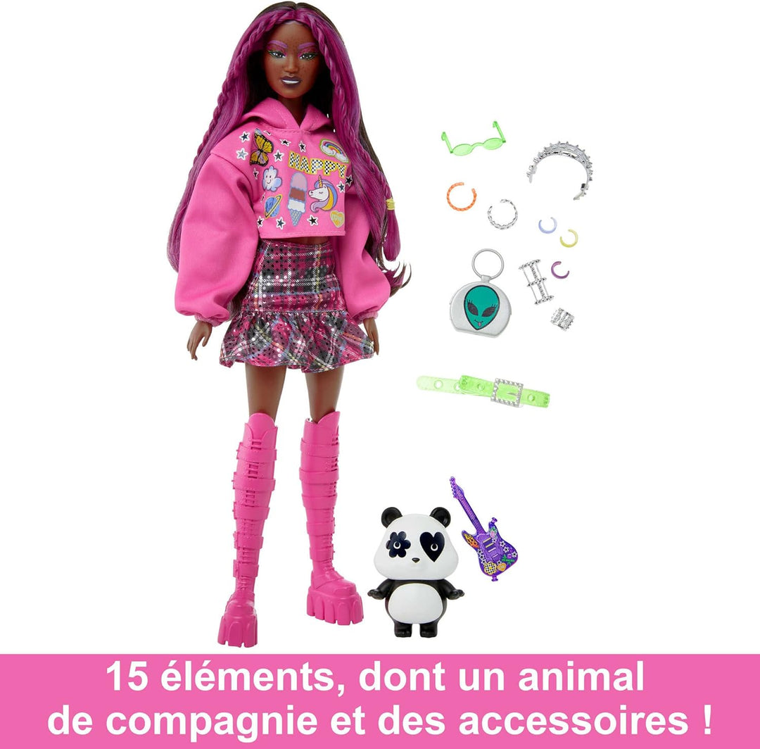 Barbie-Puppe mit Panda, Barbie Extra, Kinderspielzeug, Kleidung und Accessoires, brünettes Haar mit