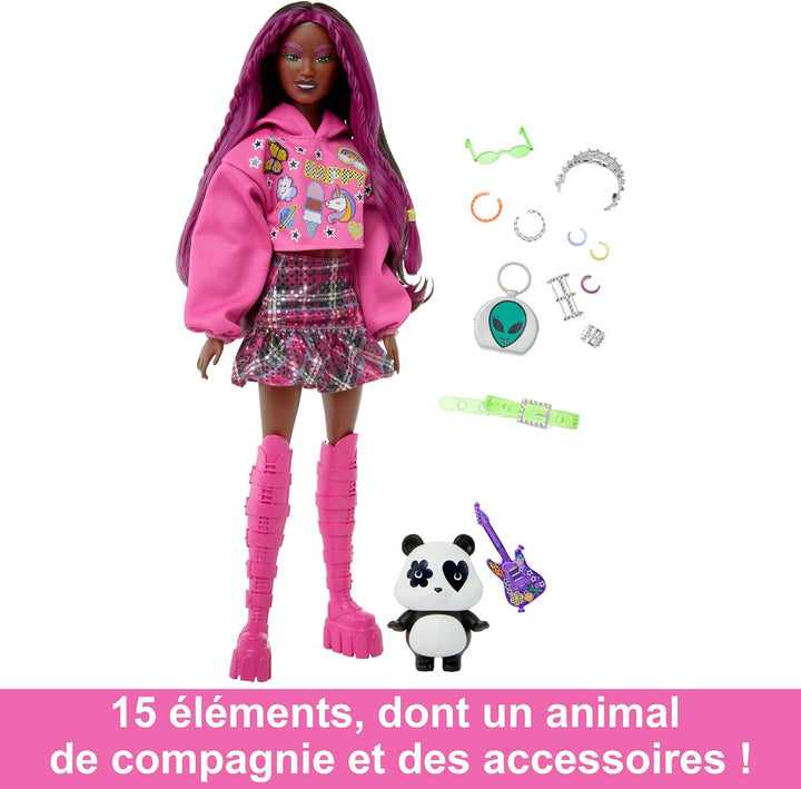 Barbie-Puppe mit Panda, Barbie Extra, Kinderspielzeug, Kleidung und Accessoires, brünettes Haar mit