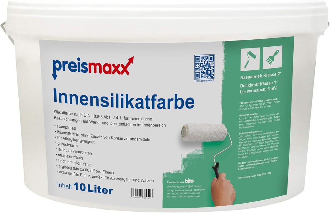 preismaxx Innensilikatfarbe - Wandfarbe auf Silikatbasis matt weiss, 10 Liter, allergikerfreundlich,