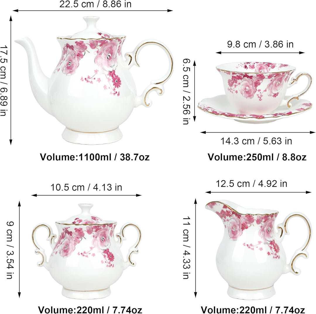 fanquare 21 Stück Rotes Lotus Porzellan Teeservice, Elegantes Blumen Kaffee Tasse und Untertasse Set