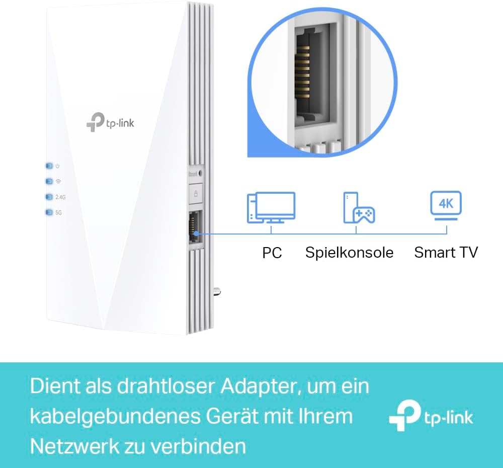 TP-Link RE500X WiFi 6 WLAN Verstärker Repeater AX1500(Dualband 1200MBit/s 5GHz + 300MBit/s 2,4GHz, T