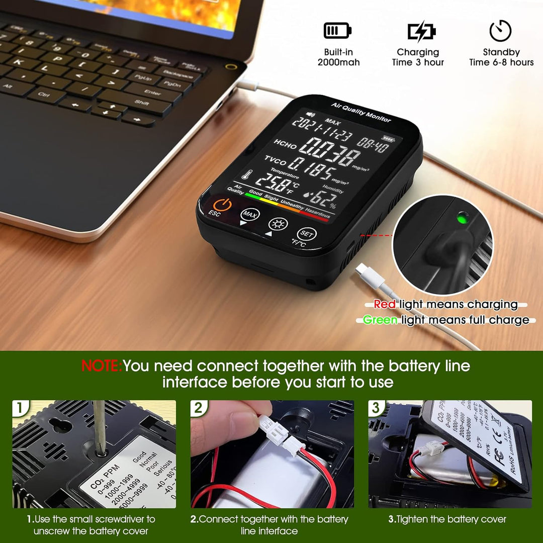 Formaldehyd Detektor, Feuchtigkeit Temperatur Luftqualitätsmonitor für HCHO/TVOC, 4 in1 Raumluftvers