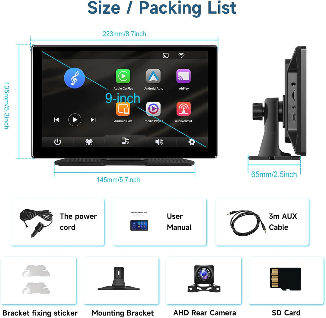 Hodozzy Tragbares Autoradio Wireless CarPlay Display Android Auto, Airplay Mirror Link, 9 Zoll Touch