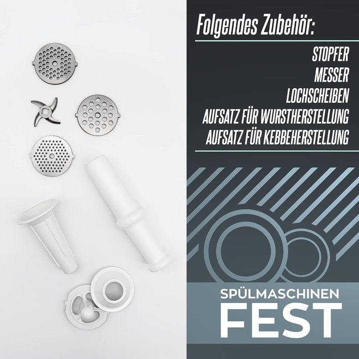 HEINRICHS Elektrischer Fleischwolf & Wurstmaschine inkl.3 verschiedene Hacksiebe+Kebbeaufsatz+ Wurst
