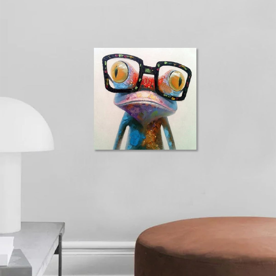 Fokenzary handgemaltes Ölgemälde auf Leinwand niedlicher Frosch mit Brille fertig gespannt und gerah