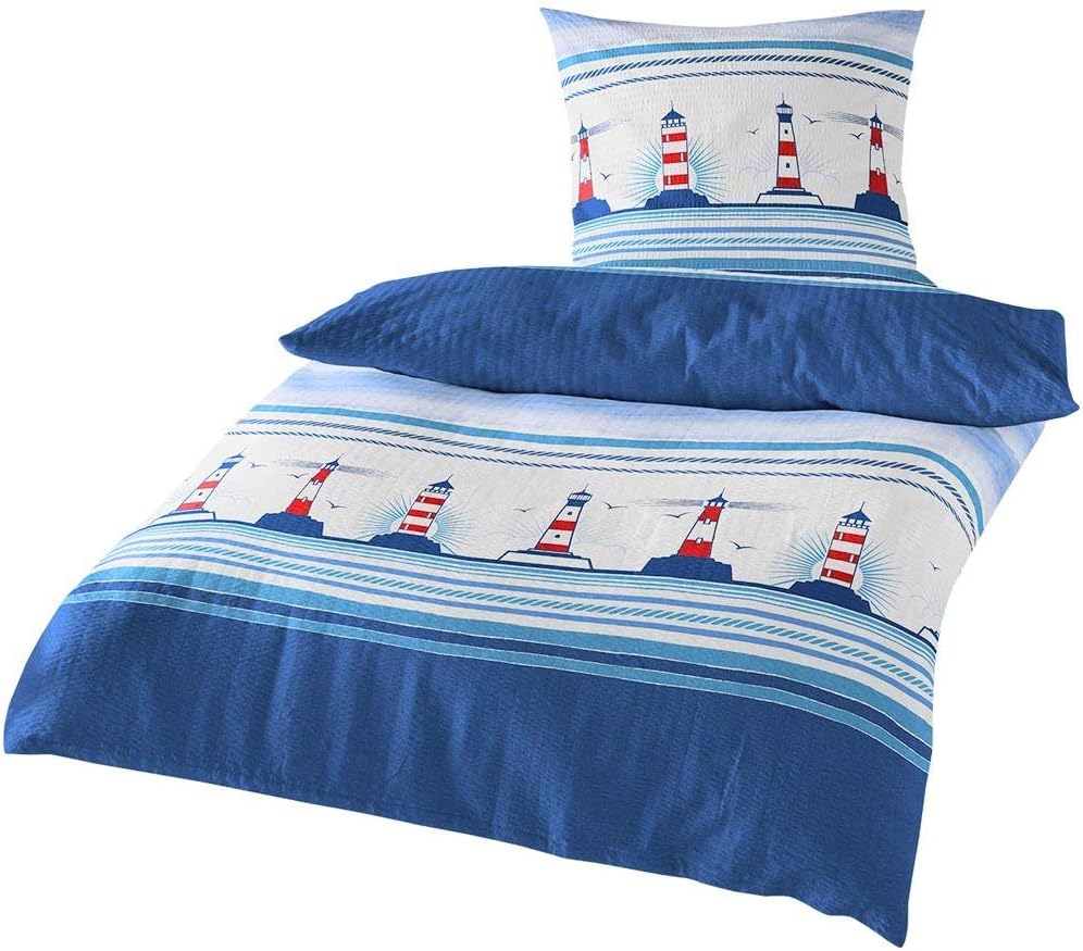 Traumschlaf Seersucker Bettwäsche Bügelfrei Set maritim sommerlich frisch im Leuchtturm Design mit R