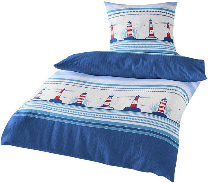Traumschlaf Seersucker Bettwäsche Bügelfrei Set maritim sommerlich frisch im Leuchtturm Design mit R