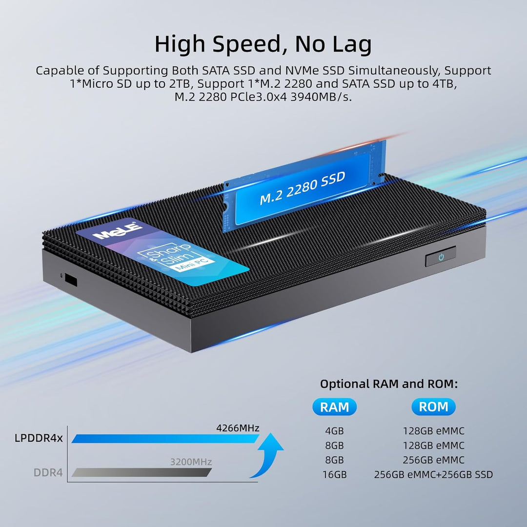 MeLE Fanless Mini-PC Quieter4C N100 16 GB 512 GB, ohne OS, kompatibel mit Linux, Ubuntu, Win11 Pro/H