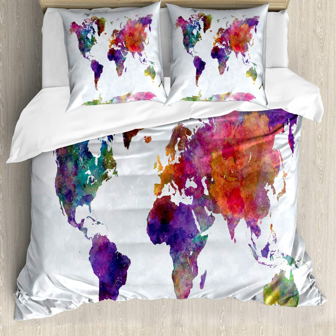 ABAKUHAUS Aquarell Bettbezugs Set Für Doppelbetten, Bunte Weltkarte, Milbensicher Allergiker geeigne