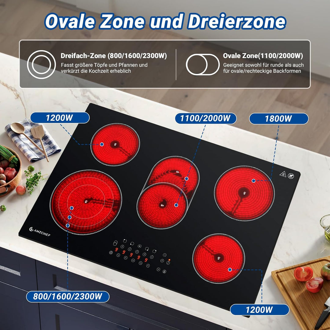 AMZCHEF Glaskeramikkochfeld 5 Zonen, Einbau Keramikkochfeld 77CM mit Ovale Zone und Dreierzone, 9 Le