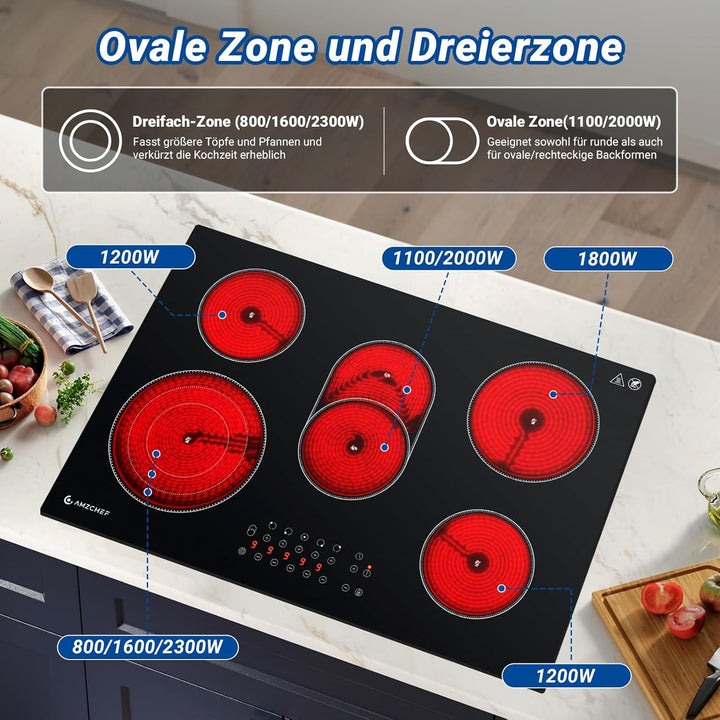 AMZCHEF Glaskeramikkochfeld 5 Zonen, Einbau Keramikkochfeld 77CM mit Ovale Zone und Dreierzone, 9 Le