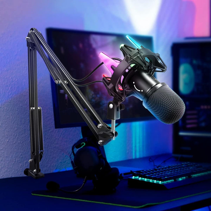 FIFINE Gaming Mikrofon PC mit Arm, 8 RGB Steuerungsmodi USB Microphone für MAC PS4 PS5, Dynamisches