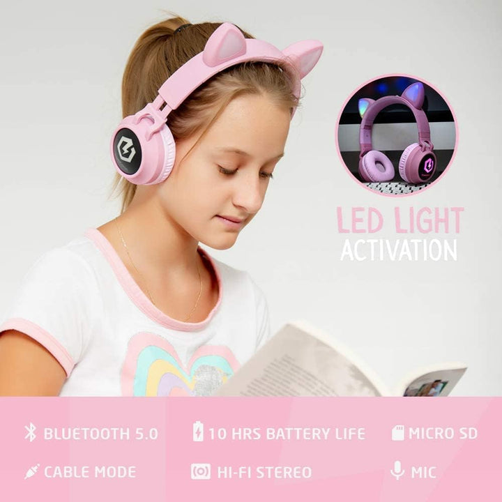 PowerLocus Bluetooth Kopfhörer Kinder, LED Katzenohren, 85dB Sichere Lautstärke, Bluetooth 5.3, Micr