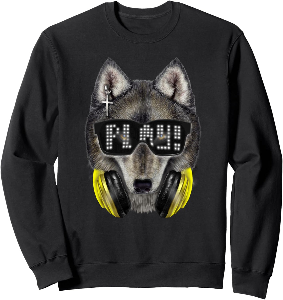 Grauer Wolf, die Hipster-Sonnenbrille und Kopfhörer trägt Sweatshirt