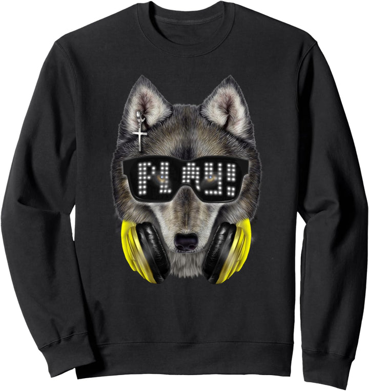 Grauer Wolf, die Hipster-Sonnenbrille und Kopfhörer trägt Sweatshirt